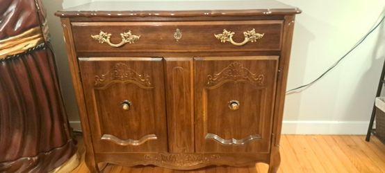 French Provincial Wood Cabinet with Brass Hardware
