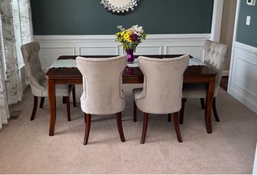 dining table, chairs and bench