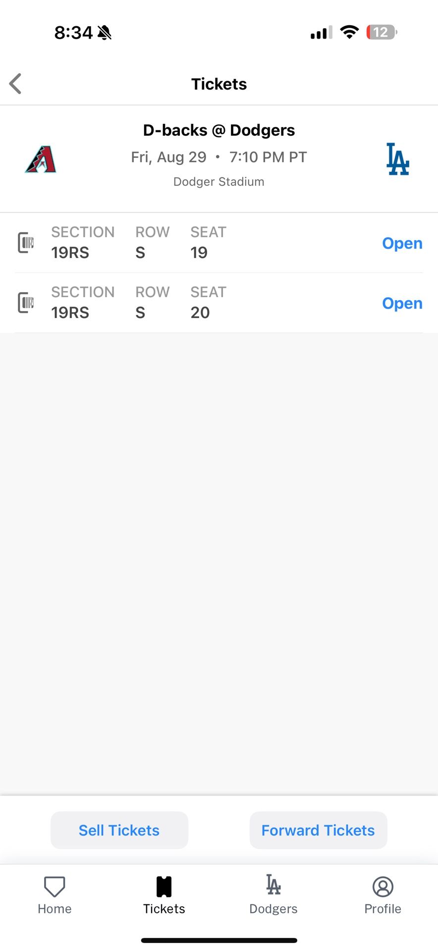 2 Dodgers Tickets For 8/29/25 At Dodgers Stadium Vs Diamondbacks