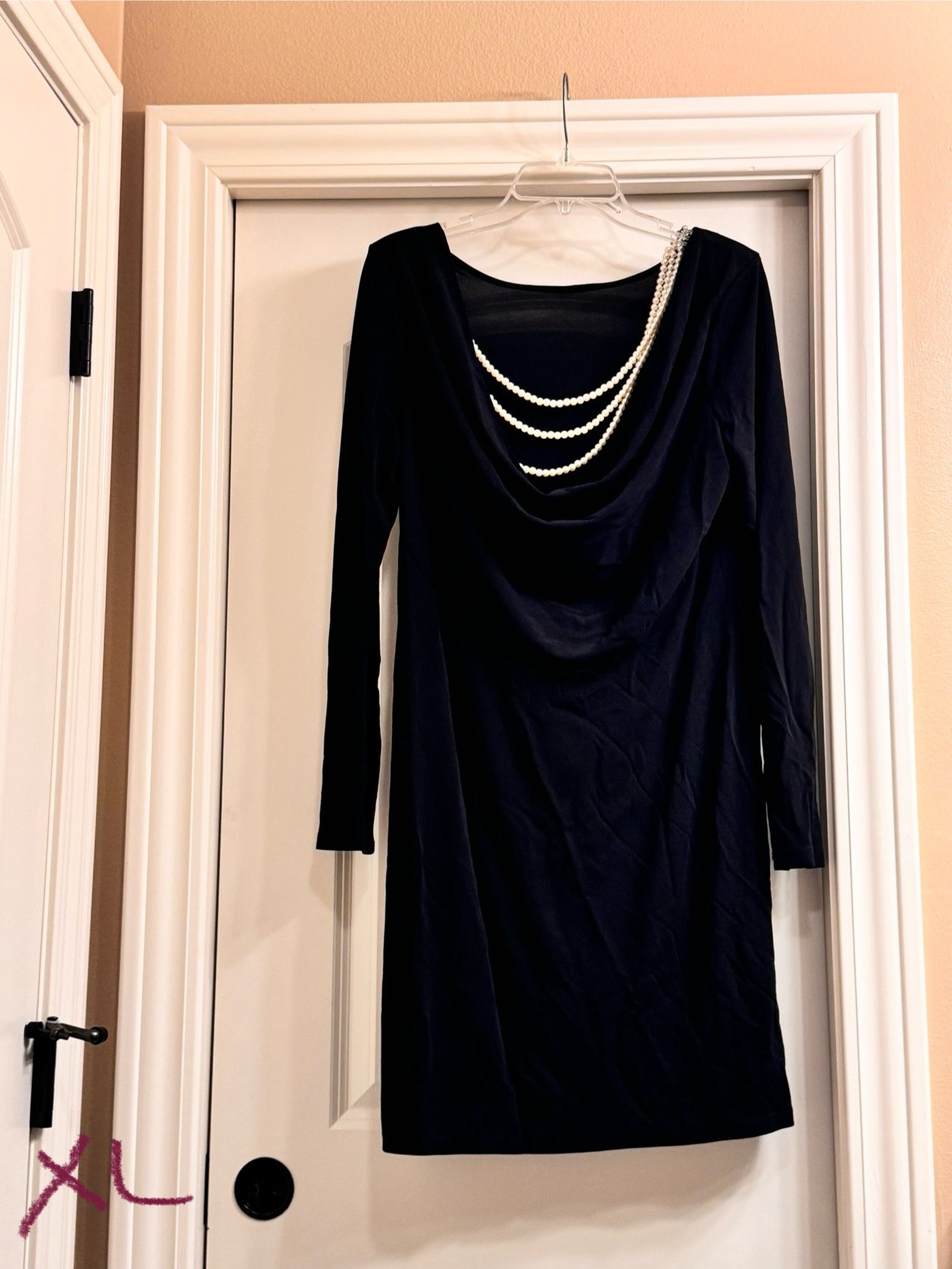 Black Midi Cocktail Dress For With Pearl String On The Back Neckline