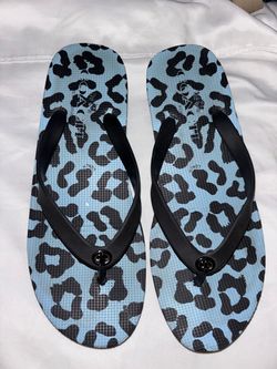 Vintage Coach Flip Flops Blue Leopard Print