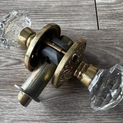 Vintage Brass Passage Door Knob Set Crystal Glass Diamond Style Used