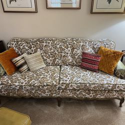 Mid century chairs,  French Provincial Floral Upholstered Sofa, footrest and French style Ottoman .