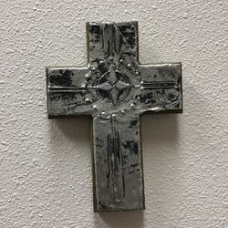 Rustic Handmade Wood & Aluminum Tooled Crucifix Wall Hanging Cross