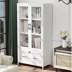 Lateral File Cabinet with Glass Doors and Locking Drawer for Hanging File Folders, Bookshelf with Adjustable Shelves for Home Office (White, 30''W x 1