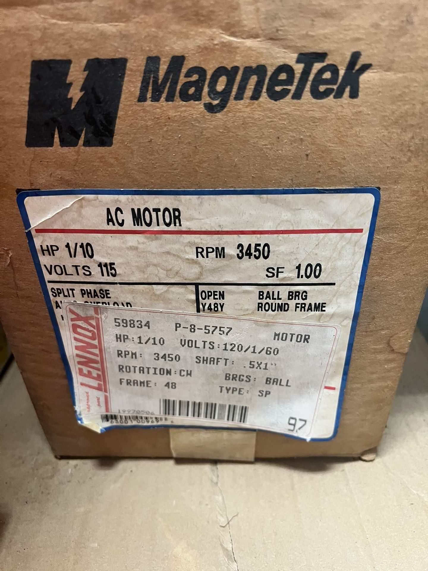 Magnetek / Lennox AC Motor – 1/10 HP, 3450 RPM, 115V