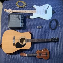 SQUIER STRATOCASTER ELECTRIC & SA-50 ACOUSTIC GUITAR