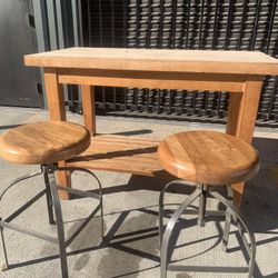Butcher Block Table And Wooden Swivel Stools