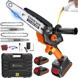 Mini Chainsaw Cordless, 8 inch & 6 inch Electric Chain Saw with 2 Pack Rechargeable Batteries, Battery Powered Handheld Saw Gardening Tools for Trees 