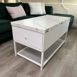 White faux marble lift top coffee table