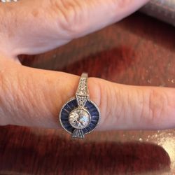 Art Deco blue sapphire sterling silver ring 8 1/4