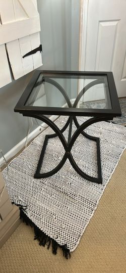 Black Glass Top Metal End Table & Rug