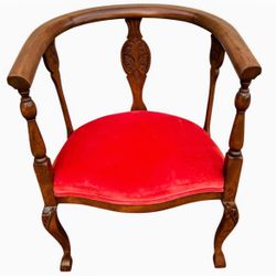 Antique Carved Barrel Arm Chair Tub Chair with Red Suede Seat