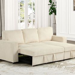 BEIGE CORDUROY SECTIONAL SOFA REVERSIBLE CHAISE STORAGE ADJUSTABLE BED
