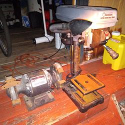 Vintage 6-in Bench Grinder And 5-speed Bench Drill Press