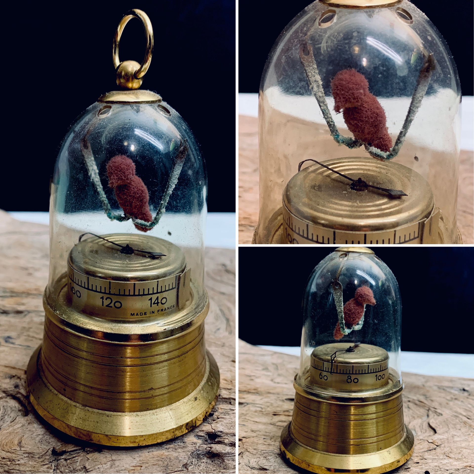 Antique French Glass Domed Brass Birdcage Thermometer