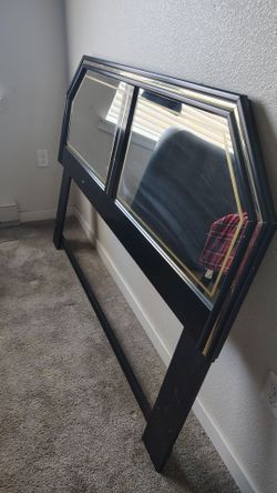 Vintage 1980s Postmodern Black Lacquer Headboard Mirror with Gold Trim