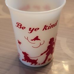 Hazel Atlas HA Fire King Era Red - Be Ye Kind - Girl Boy Dog Playing Birds Singing Child Prayer Opal Opalescent Milk Glass Tumbler Mug Cup

