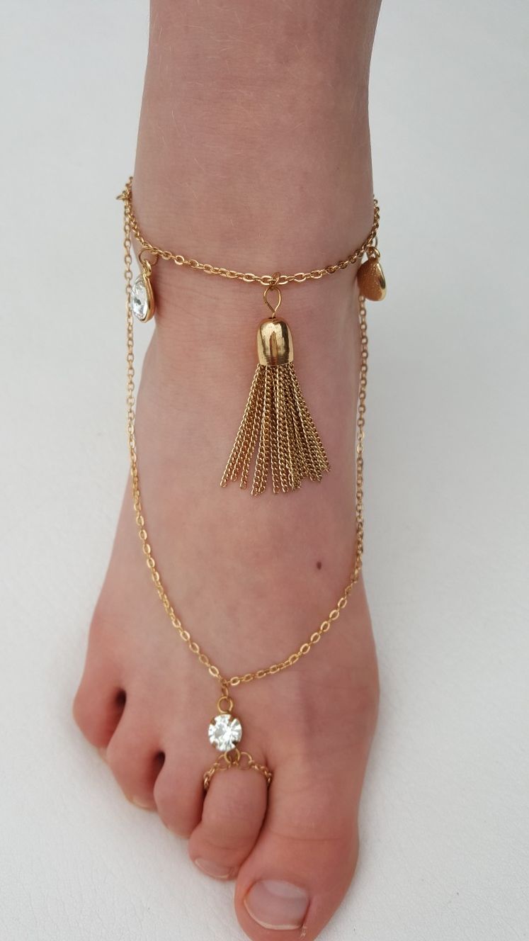 Gold tone tassel clear stones anklet