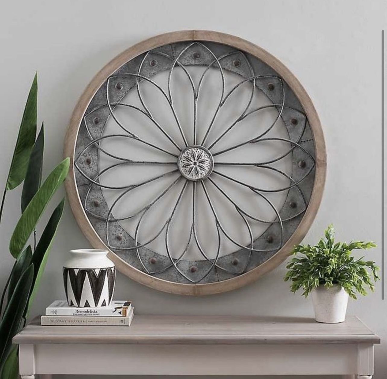 Round metal and wood wall art