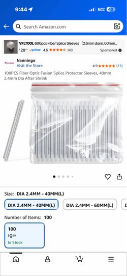 100PCS Fiber Optic Fusion Splice Protector Sleeves, 40mm 2.4mm Dia After Shrink