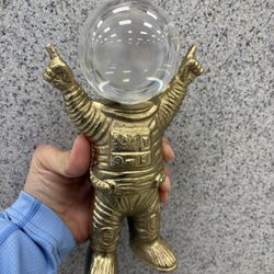 Gold Metal Astronaut Statue W/ Lucite Acrylic Helmet. Cool W/ MCM & Z Gallerie Decor! APOLLO. NASA. LOST IN SPACE. JETSONS.  AIR JET ROCKET TRAVEL.
