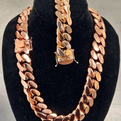 Set Chain & Bracelet 20mm Miami Cuban Link Pink Red Rose Gold Plated Chain Necklace 18k & 14k Crab Old School Regular Lock