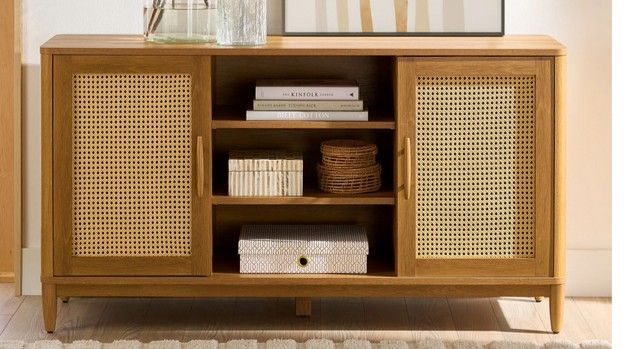 Better Homes & Gardens Springwood Cane TV Stand for TV's up to 65", Light Honey Finish