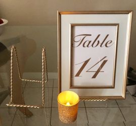 Wedding decor, shoes, table covers, chargers, table #’s