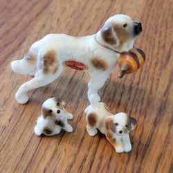 Vintage 3 Piece Bone China Figurines Saint Bernard Dog Set Family - Mom & 2 Puppies Japan