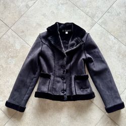 Vintage Mudd Jacket Faux Fur Lined Suede Y2K Black Button Up Retro Women Sz S