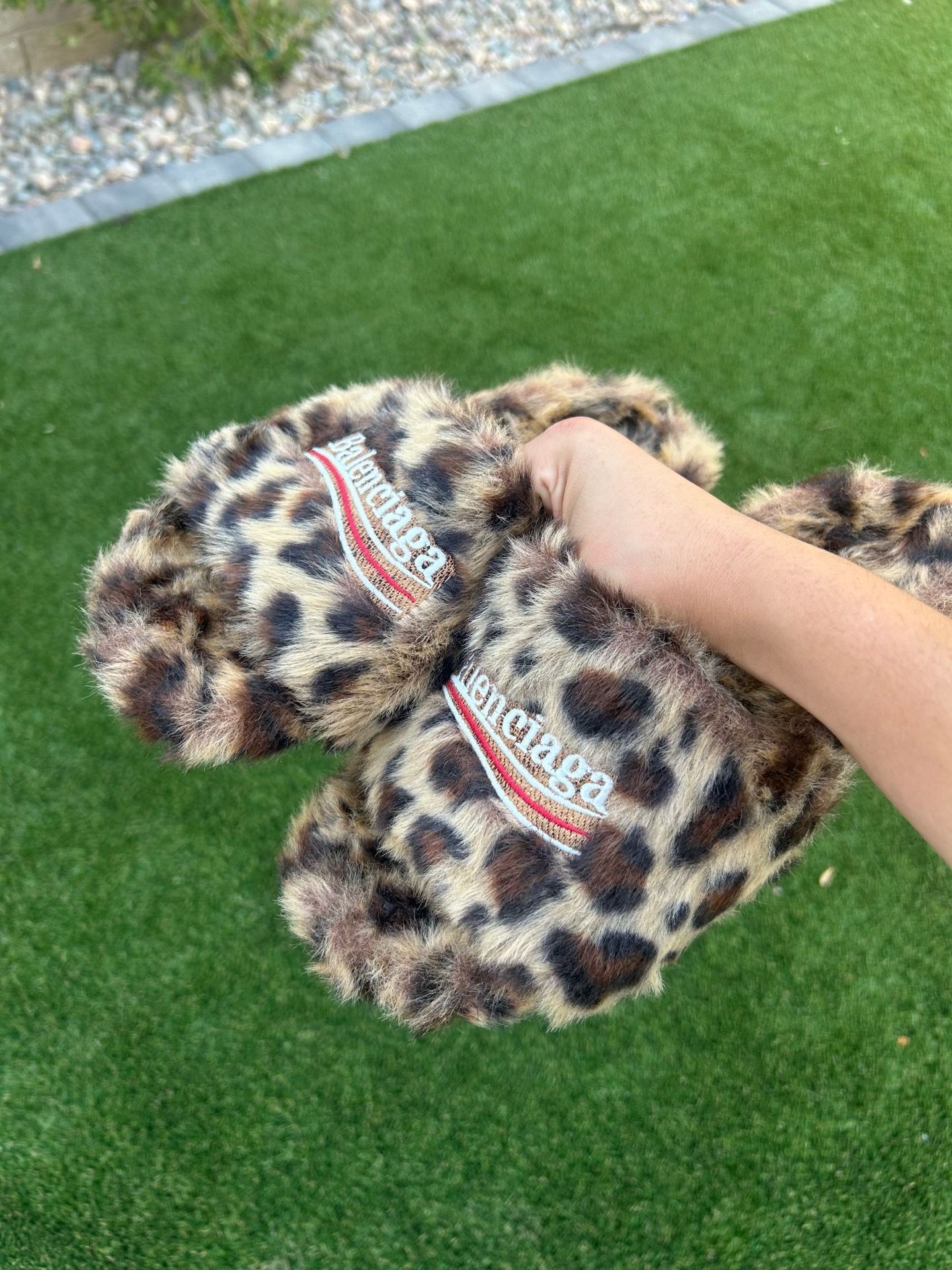Balenciaga fur cheetah print slides