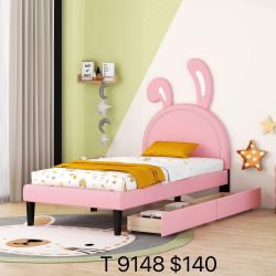 Twin Size Platform Bed with Rabbit Ornament, Upholstered Leather Platform Bed with Headboard and Wood Slats Support,Solid Wood Bed Frame,No Box is toS