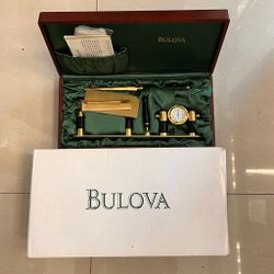 Bulova Goldtone & Black Executive Desk Set In Wooden Box B7239
