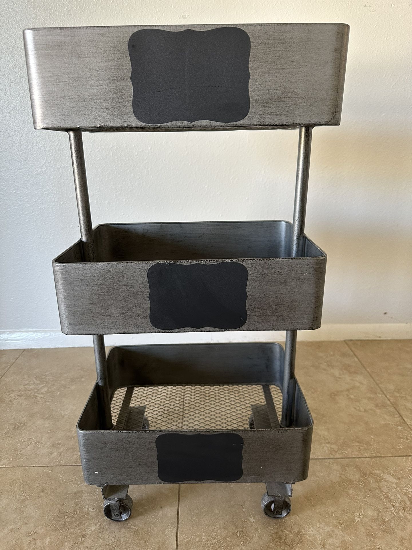 Metal 3 Tier Shelf With Wheels And Chalkboard Labels **EXCELLENT CONDITION **