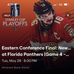 Florida Panthers Eastern Conference Finals Game 4 (Tuesday, May 28th) Two Tickets Near Front Row 