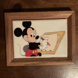 Disney Mickey Mouse Ceramic Tile Wall Art Vtg. 6.5x5 inches oak framed