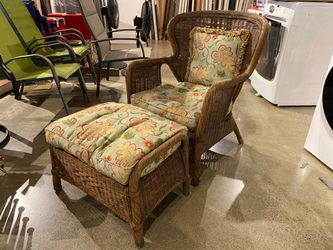 Victorian Style Wicker Wingback Chair with Ottoman