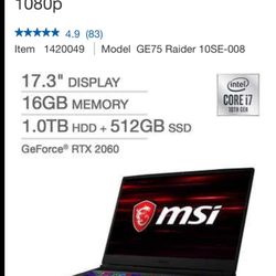  MSI GE75 Raider Gaming Laptop 