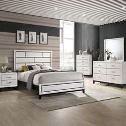 WHITE Queen Size bedroom set includes queen bed, dresser, mirror and nightstand.