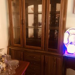 Vintage Lighted Mirrored Oak China Hutch 