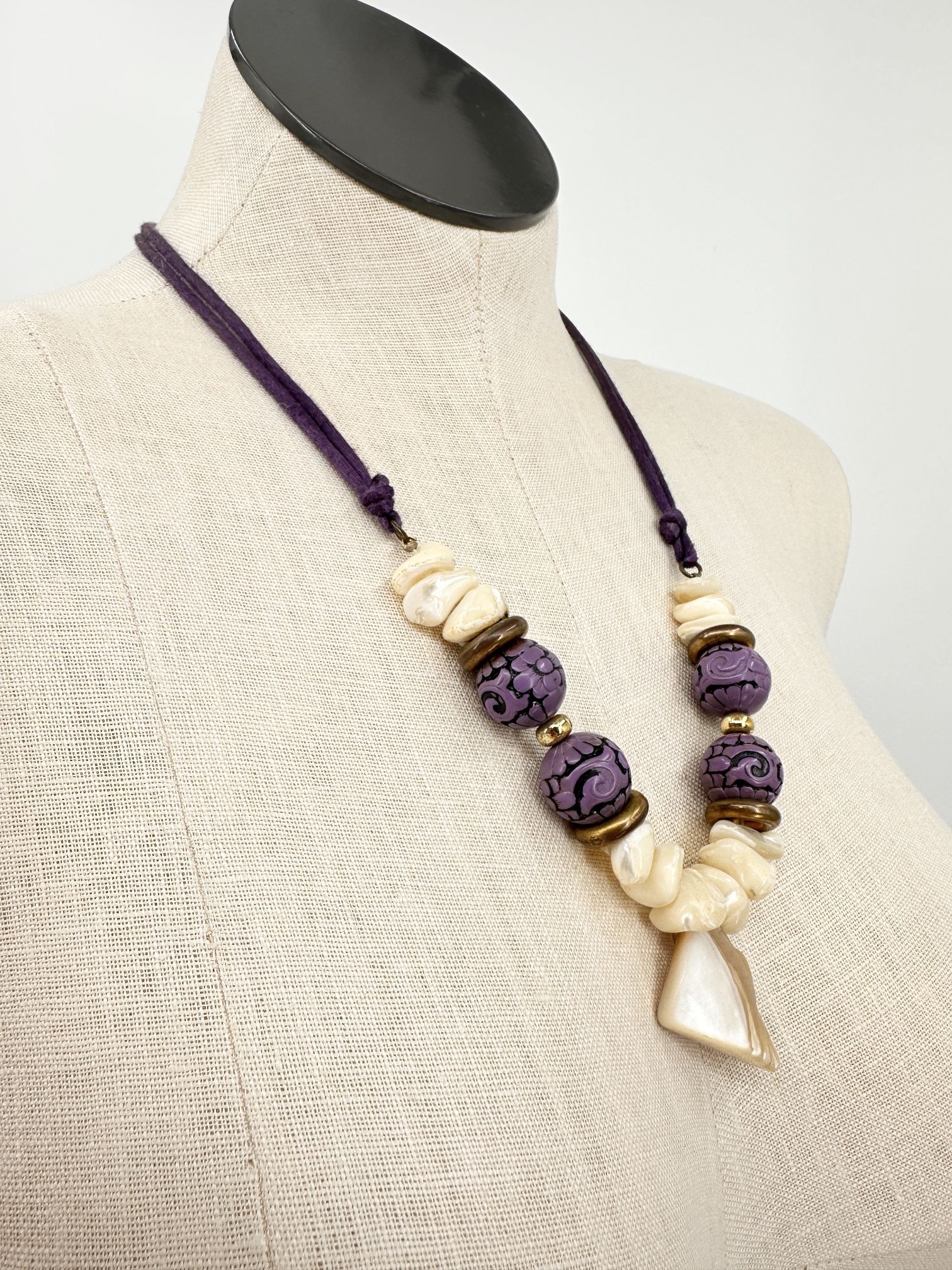 Vintage Beaded Stone Pendant Necklace Purple White Pearl Tone 26” Suede Cord Barrel Closure