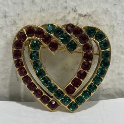 Vintage MMA ~ Red & Green Rhinestone Double Interlocking Heart Pin Brooch