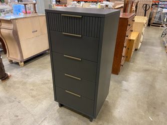 Modern Black 5 Drawer Tallboy Dresser with Divided Top Drawer and Sleek Bronze Pulls