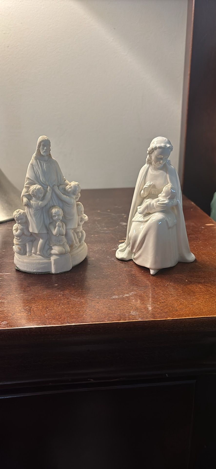 2 Vintage Porcelain Statues of Jesus and some children and Mother Mary/Madonna with baby Jesus 1936