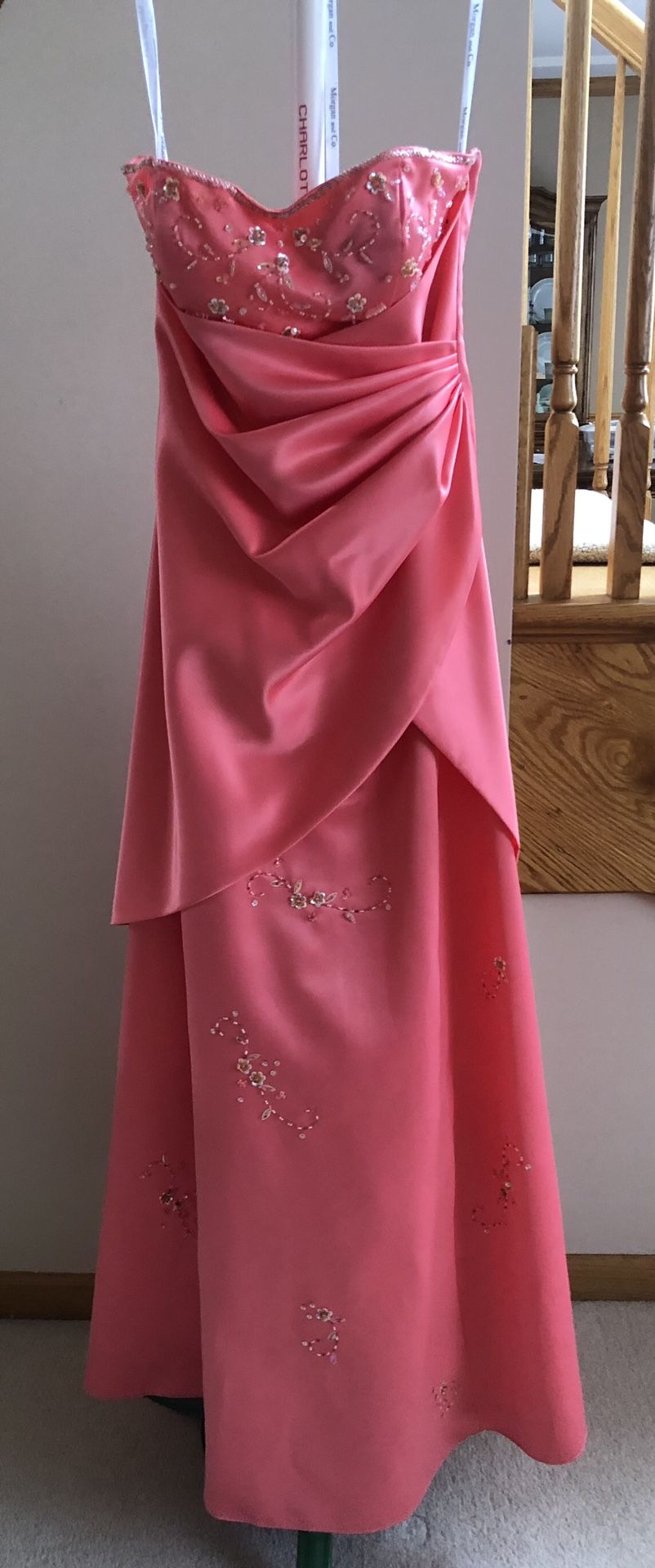 Elegant Coral Satin Gown with Embellishments in a size 3/4