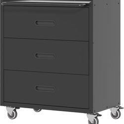 Q-Metal Storage Cabinet with Wheels, Garage Storage Cabinet with 3 Drawers, Rolling Tool Cabinet, Assembly Required, Black