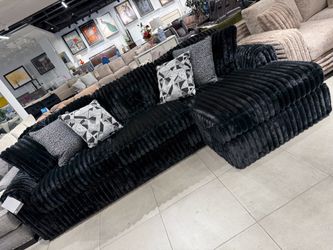 Black Ribbed Fabric L-Shape Sectional Sofa