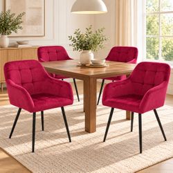 Set of 4 Wine Red Velvet Dining Chairs with Armrests