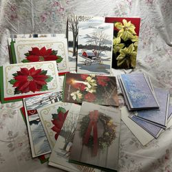 Vintage Christmas Card Lot (25+) - Embossed Poinsettia, Winter Landscapes & Wreaths - Unused New Old Stock